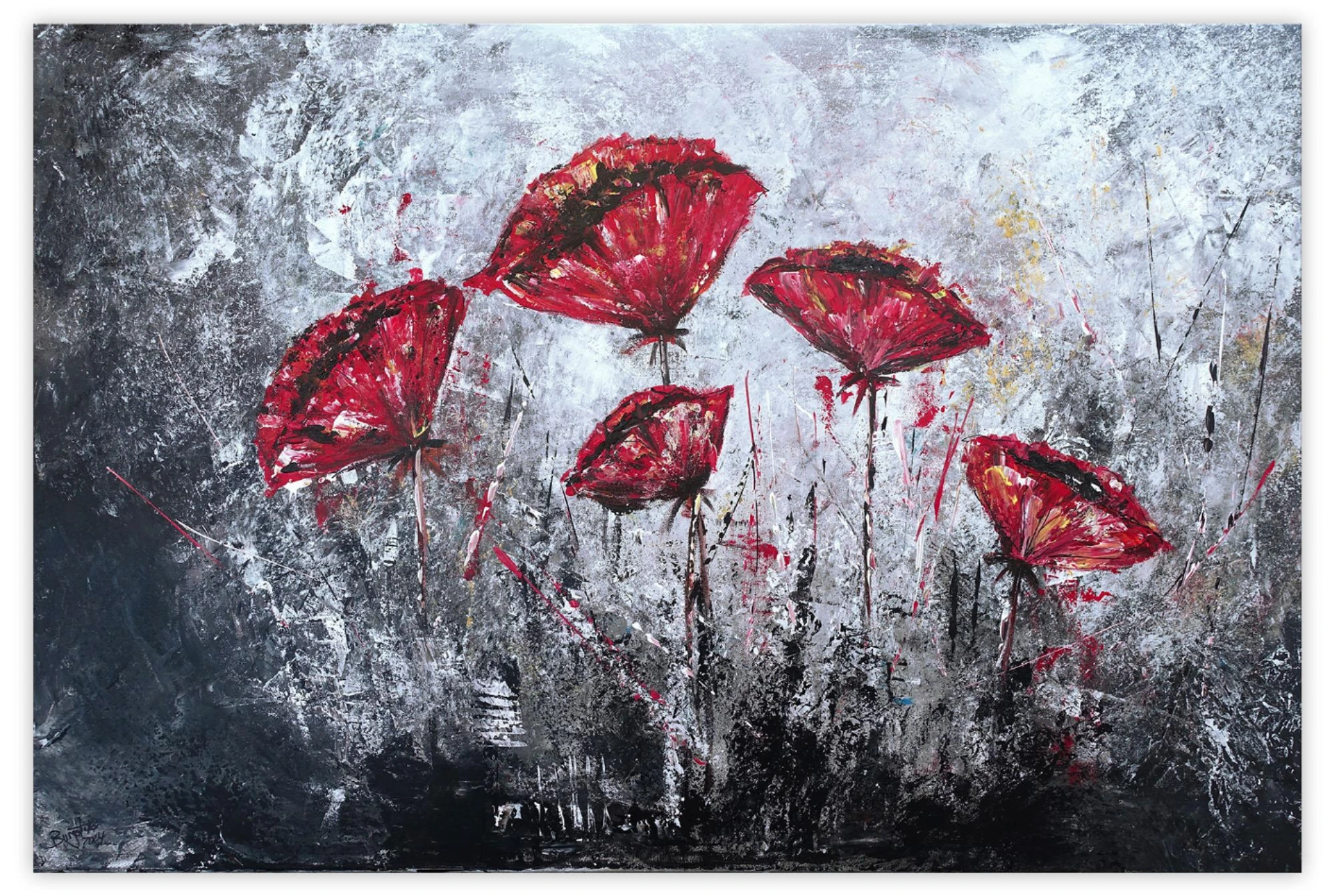 5 Mohnblüten Blumenbild - abstrakt gemalt 
