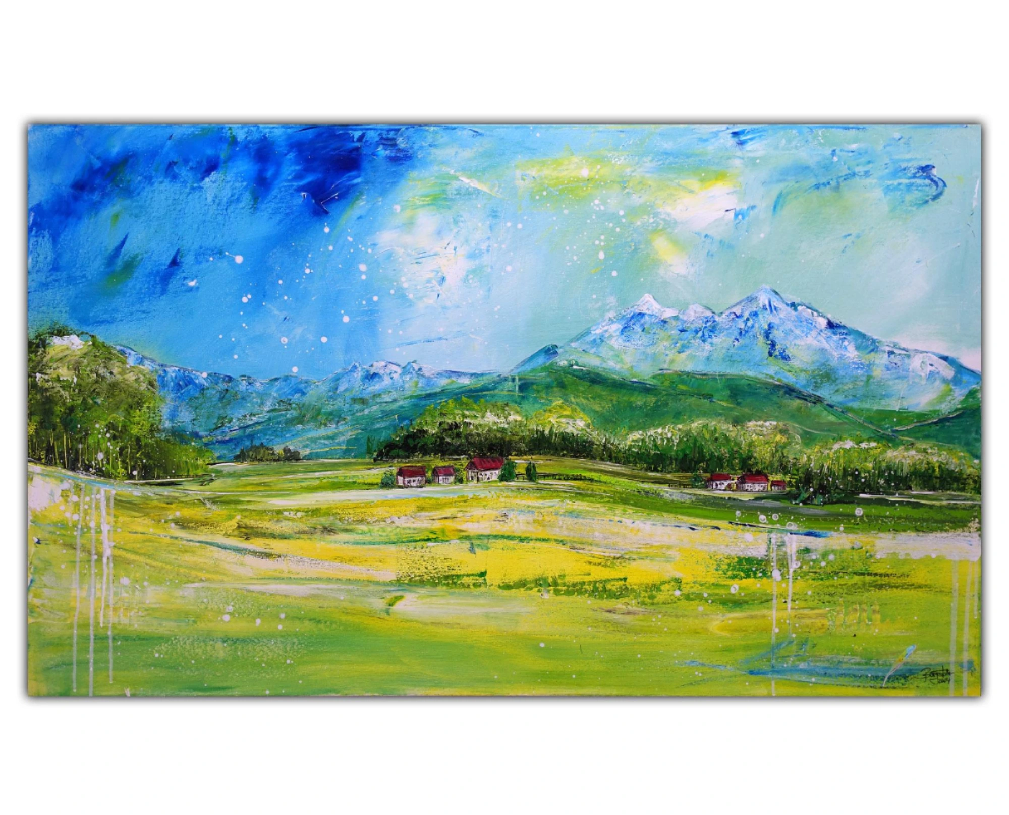 Allgäu Panorama Gemälde Berge Wiesen Acrylbild Leinwandbild handgemalt