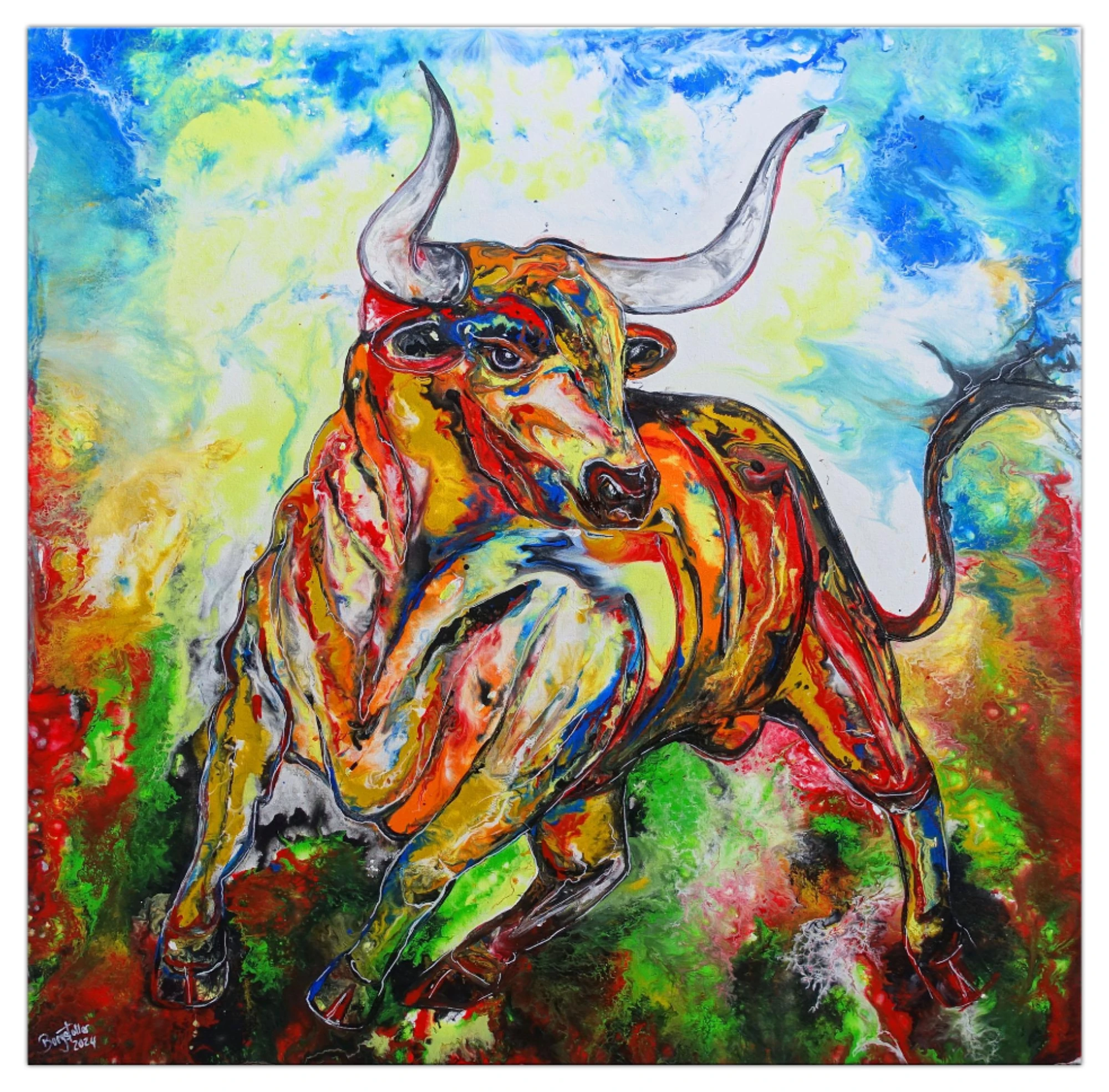 Attila - Stierbilder gemalt, wilder Stier Gemälde Leinwandbild Bulle