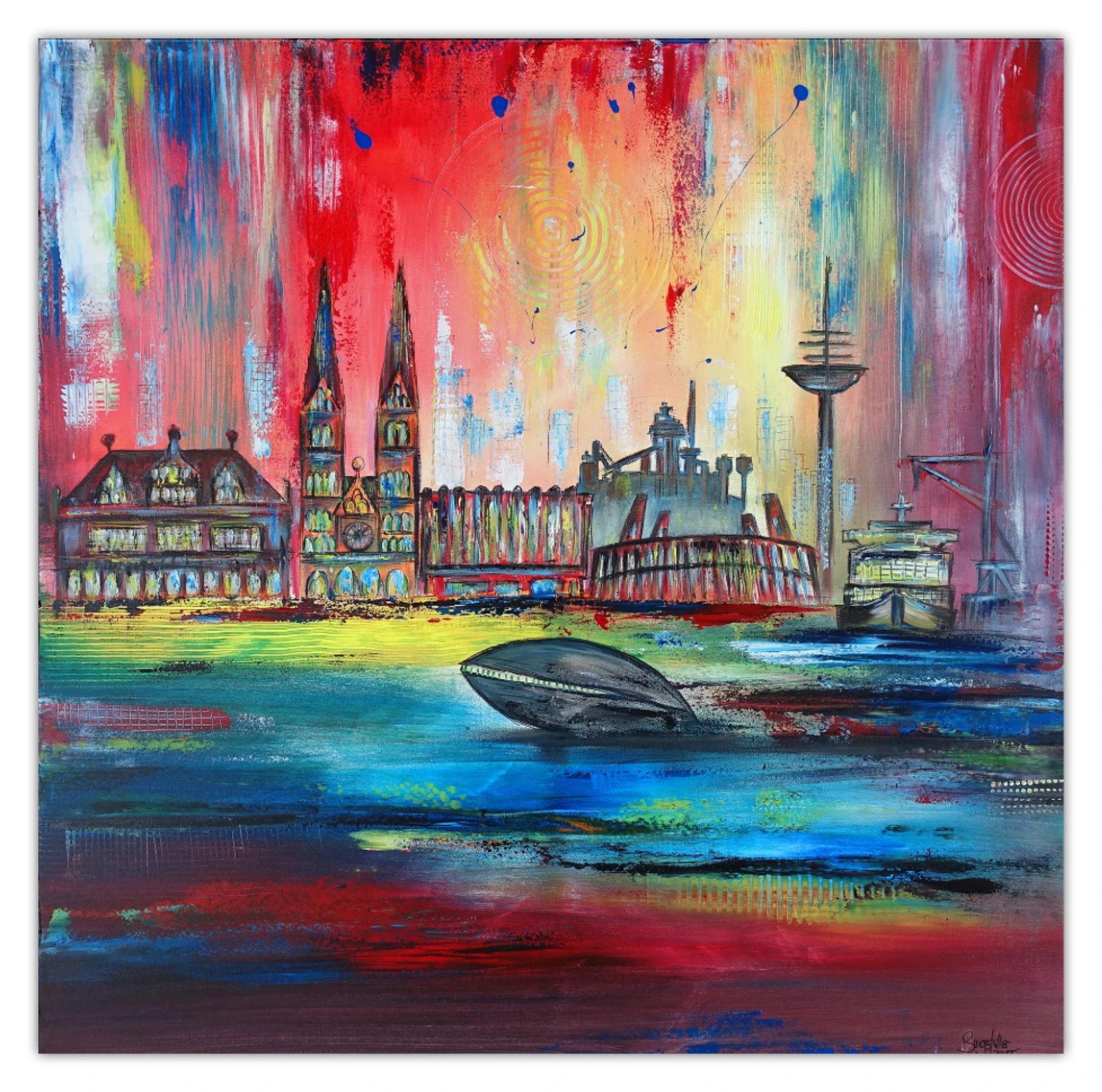 Auftragmalerei,  Bremen  Gemälde mit Dom, Bürgerhaus, Universum, Rathaus, handgemaltes Stadtbild. 