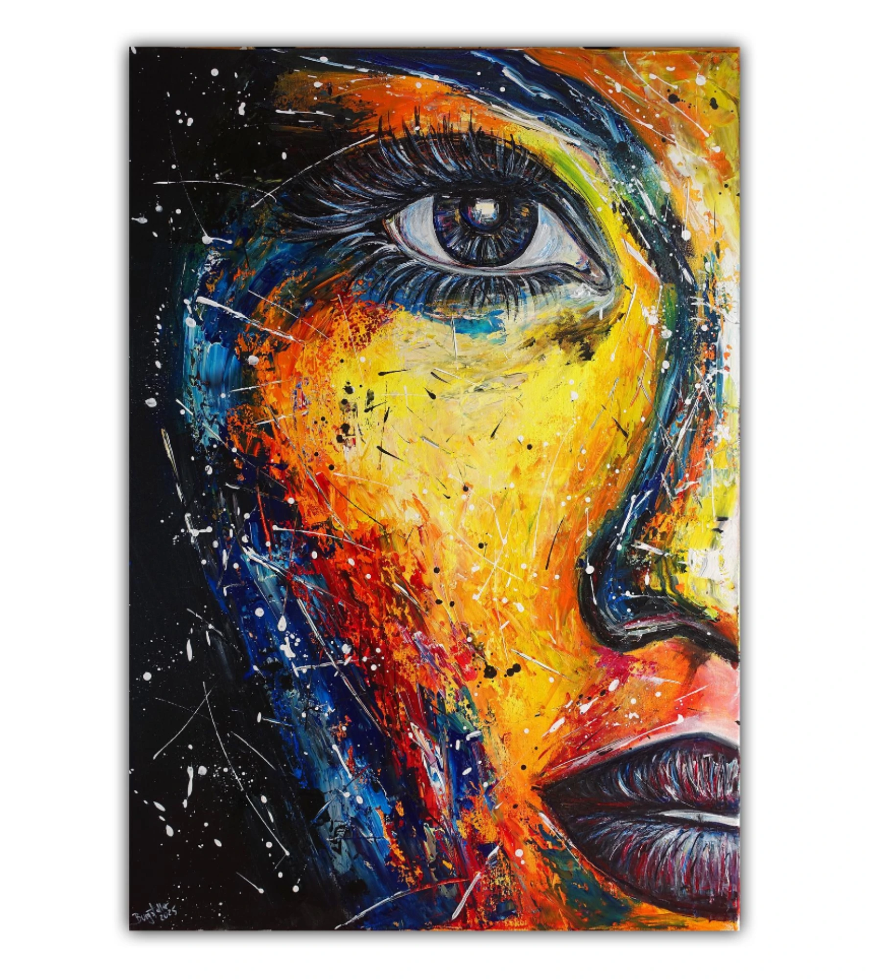 Auftragsmalerei halbes Frauen Gesicht bunt abstraktes Acrylbild
