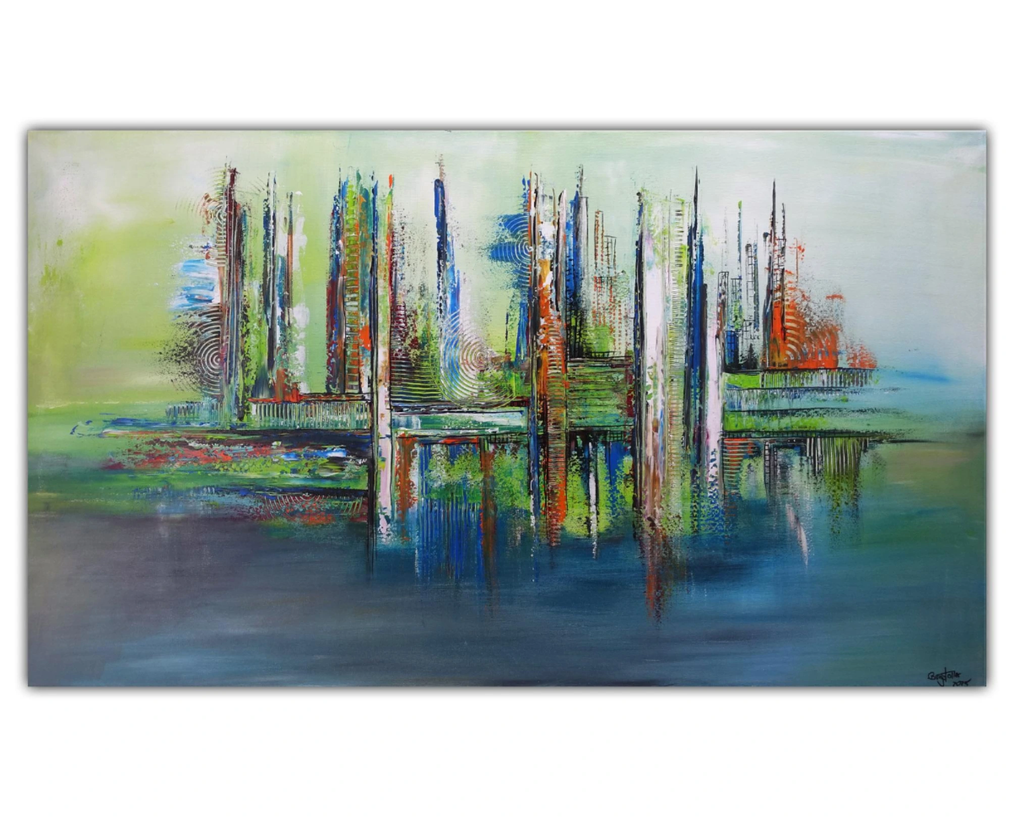 Chengdu grüne Skyline abstrakt gemaltes Leinwandbild Original Gemälde 