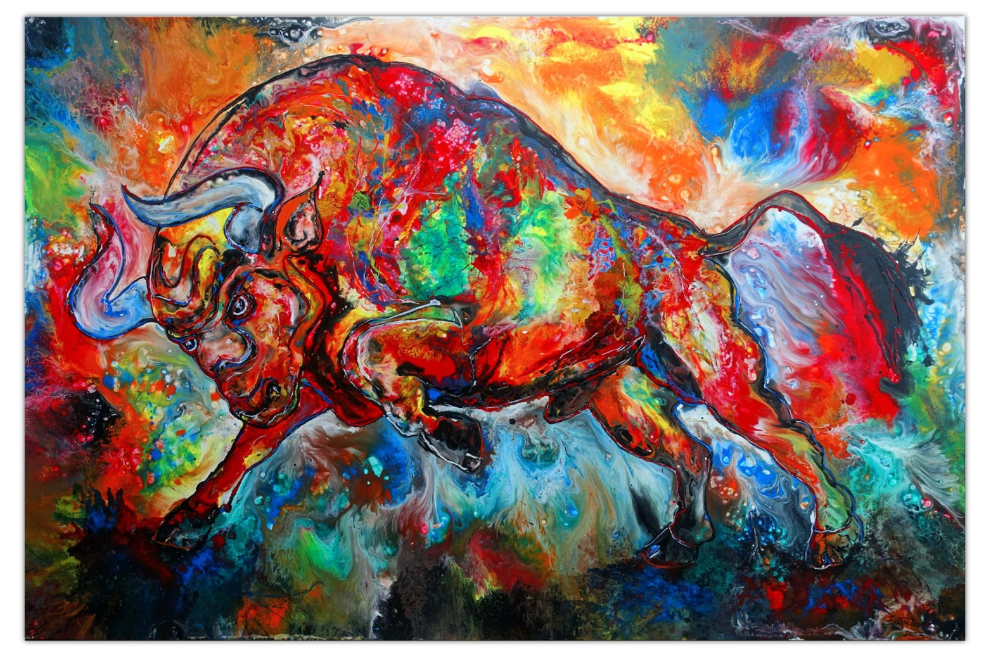 Civilón Handgemaltes Stierbild Kampfstier Gemälde bunt rot XXL Fluid Art 