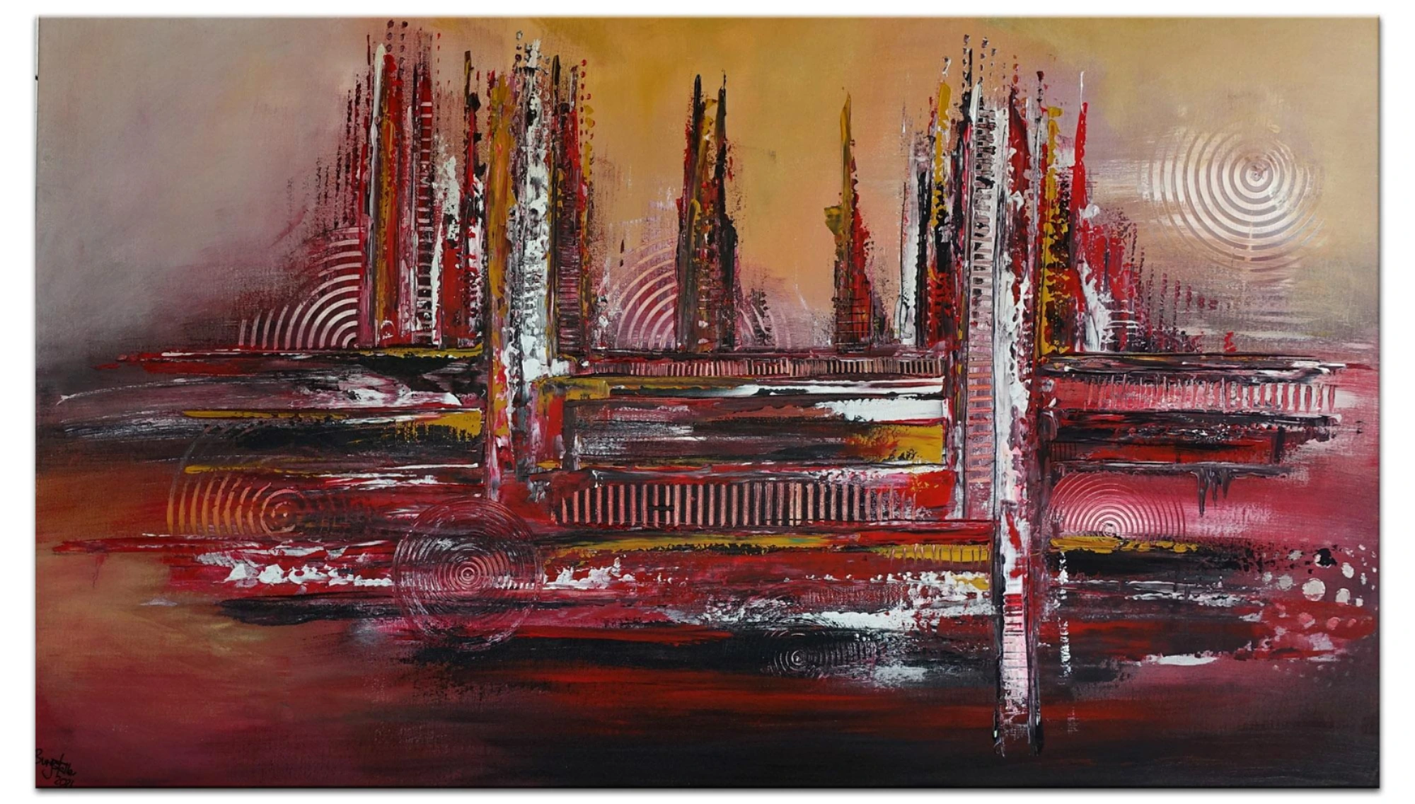 Denver - abstrakte Skyline Leinwandbild rot Original Gemälde Acrylbild handgemalt 