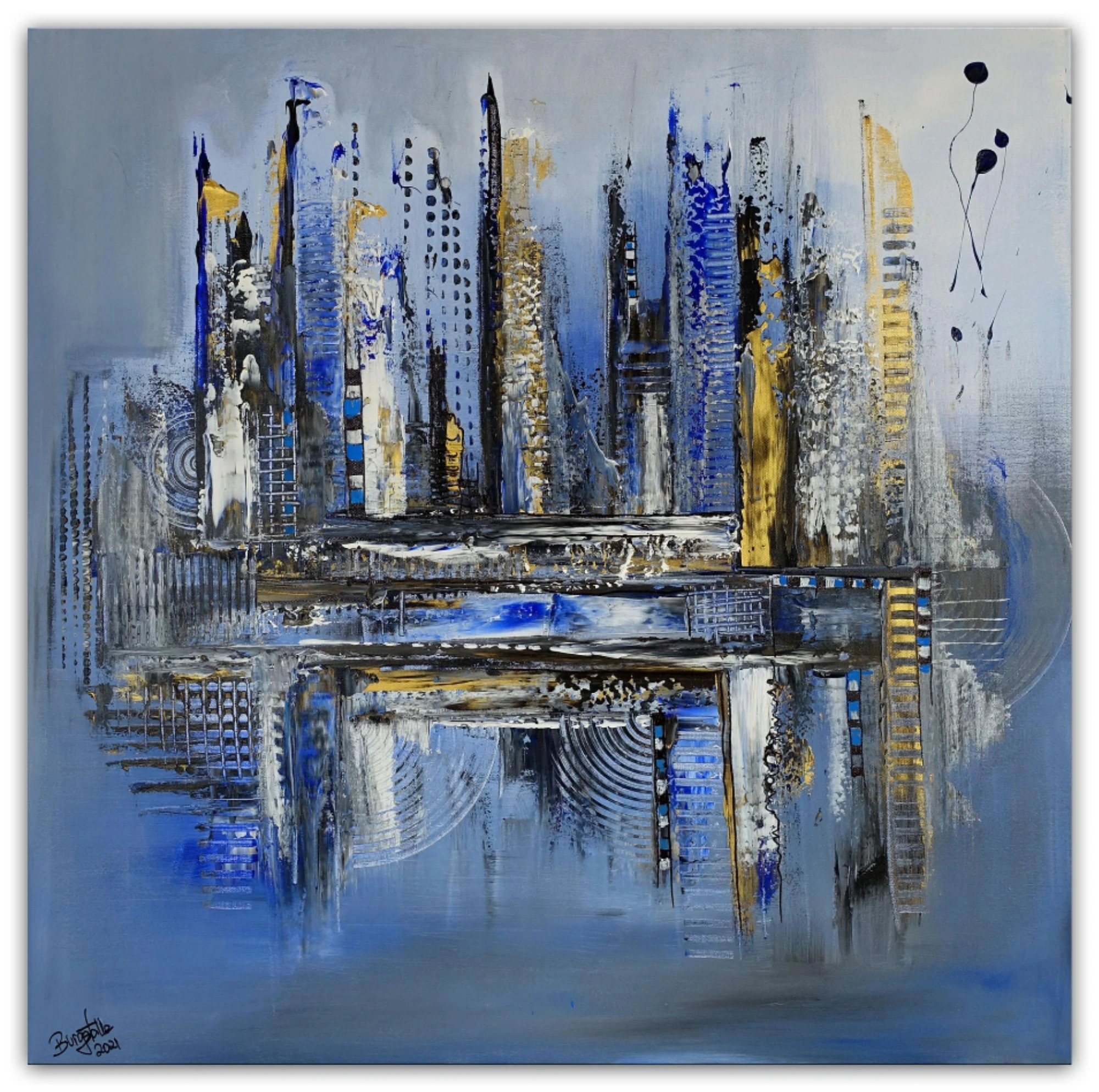 Diamont City abstrakte Wandkunst Malerei Bild blau gold Gemälde Acrylbild handgemalt