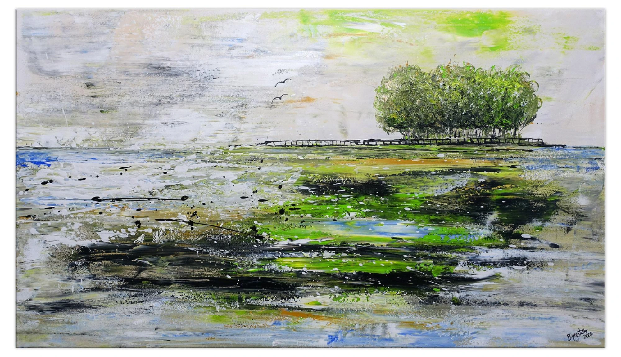 Die Insel abstraktes Gemälde Leinwand Baum See Natur grün grau handgemalt 