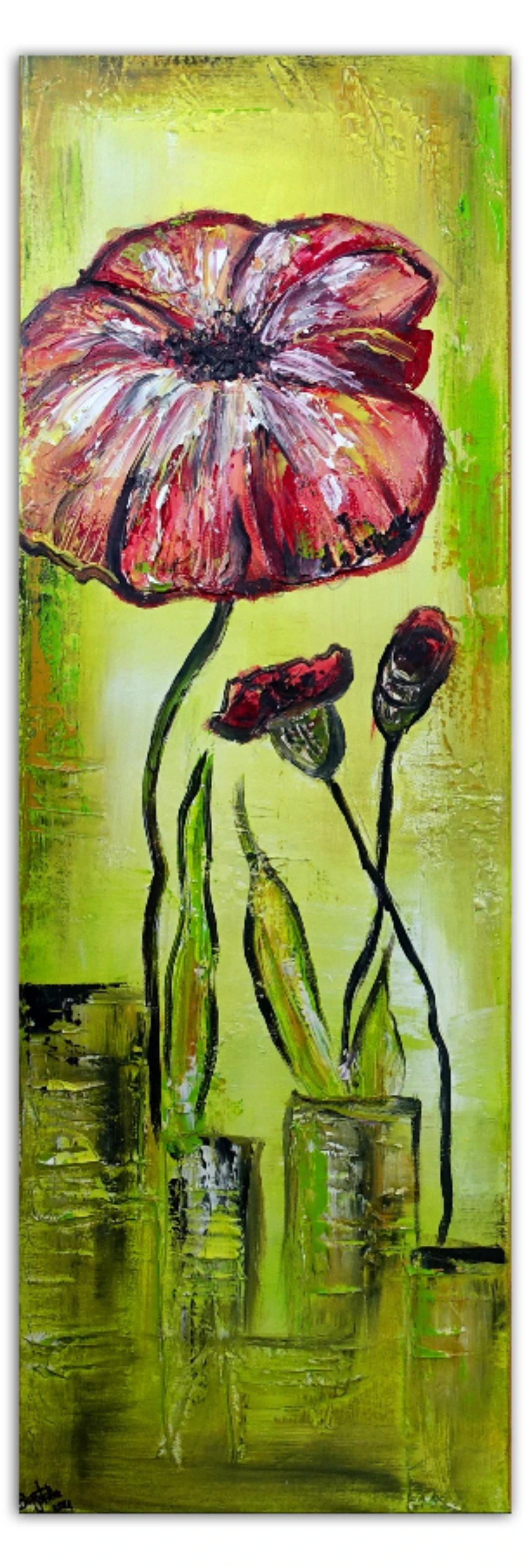 Drei Mohnblumen Blumen Malerei Original Gemälde Wanddeko rot grün