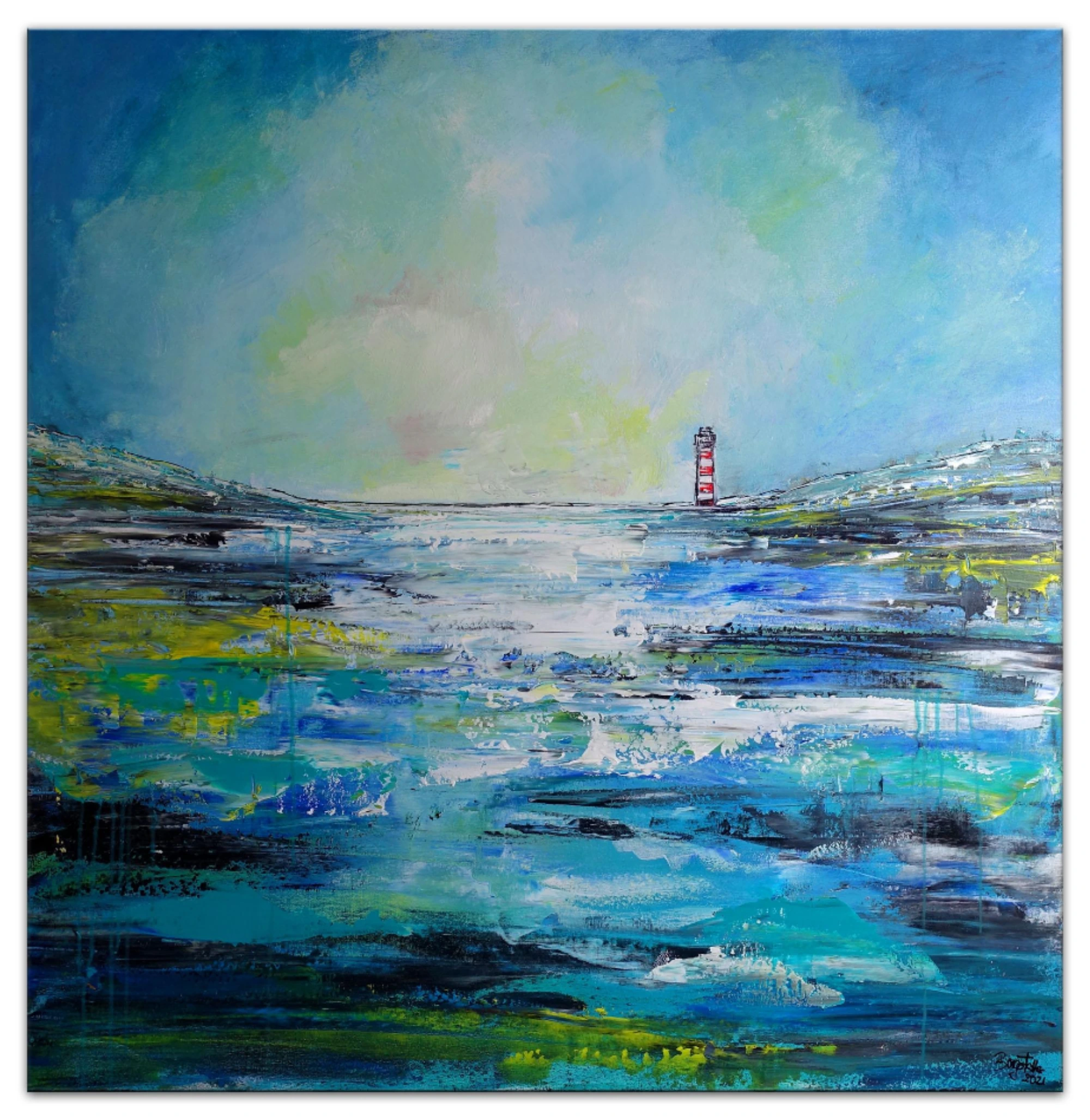 Einsamer Leuchtturm Küste Meer Malerei handgemalt Original Gemälde vom Künstler 