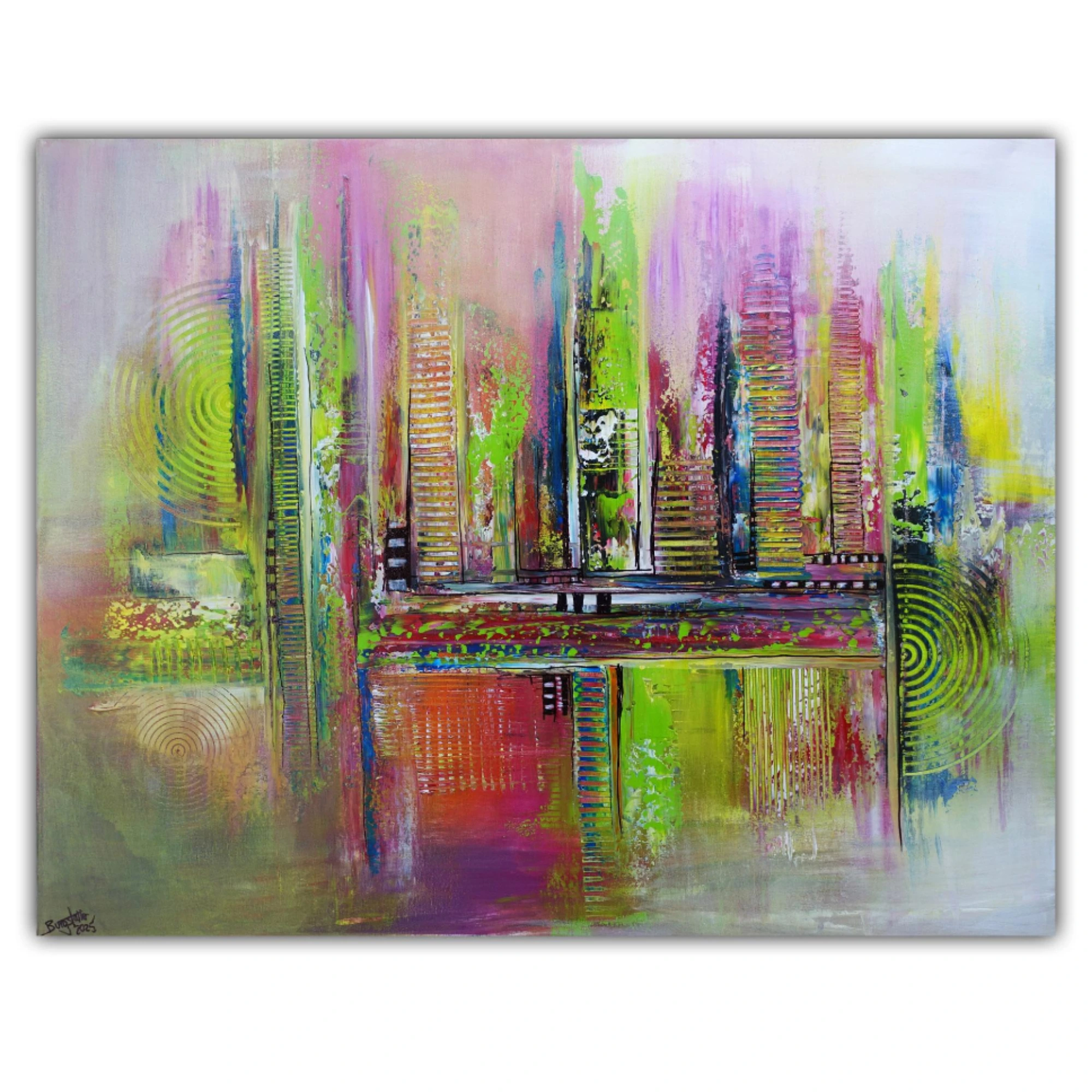 Frühlingshaft - abstraktes Original Gemälde grün rosa Acrylbild Leinwand Unikat