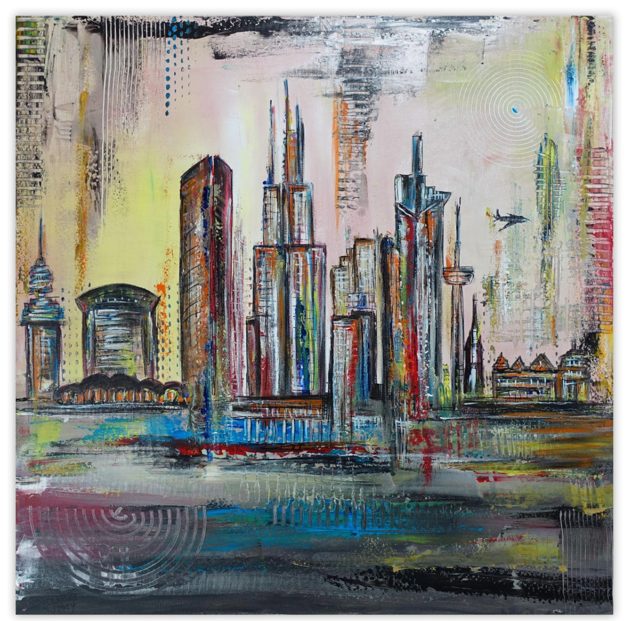 Frankfurt Skyline abstrakt gemalt Leinwandbild Acrylgemälde Römer Göthehaus Westend Commerztower 