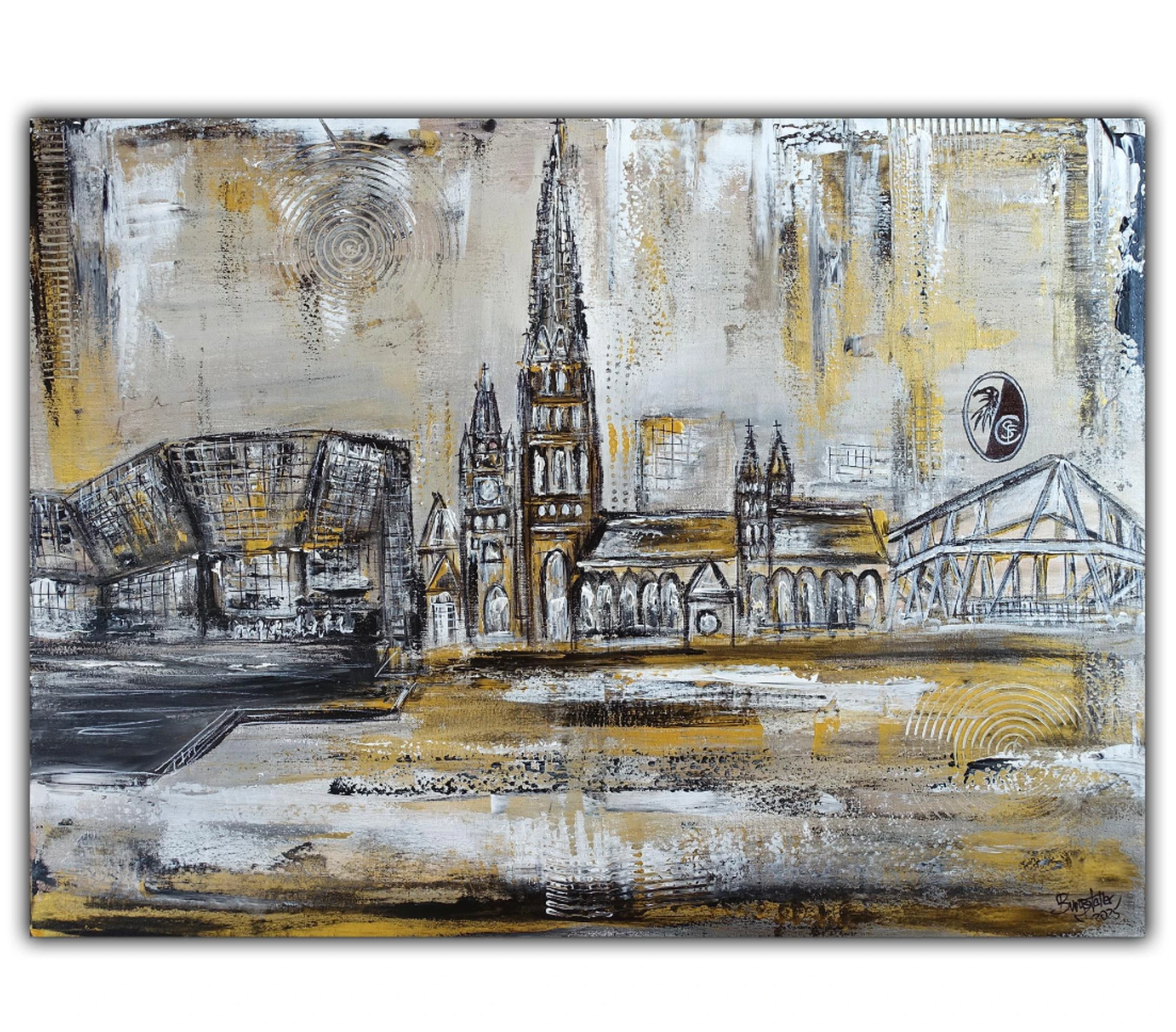Freiburg Skyline abstrakt gemaltes Leinwandbild gold silber