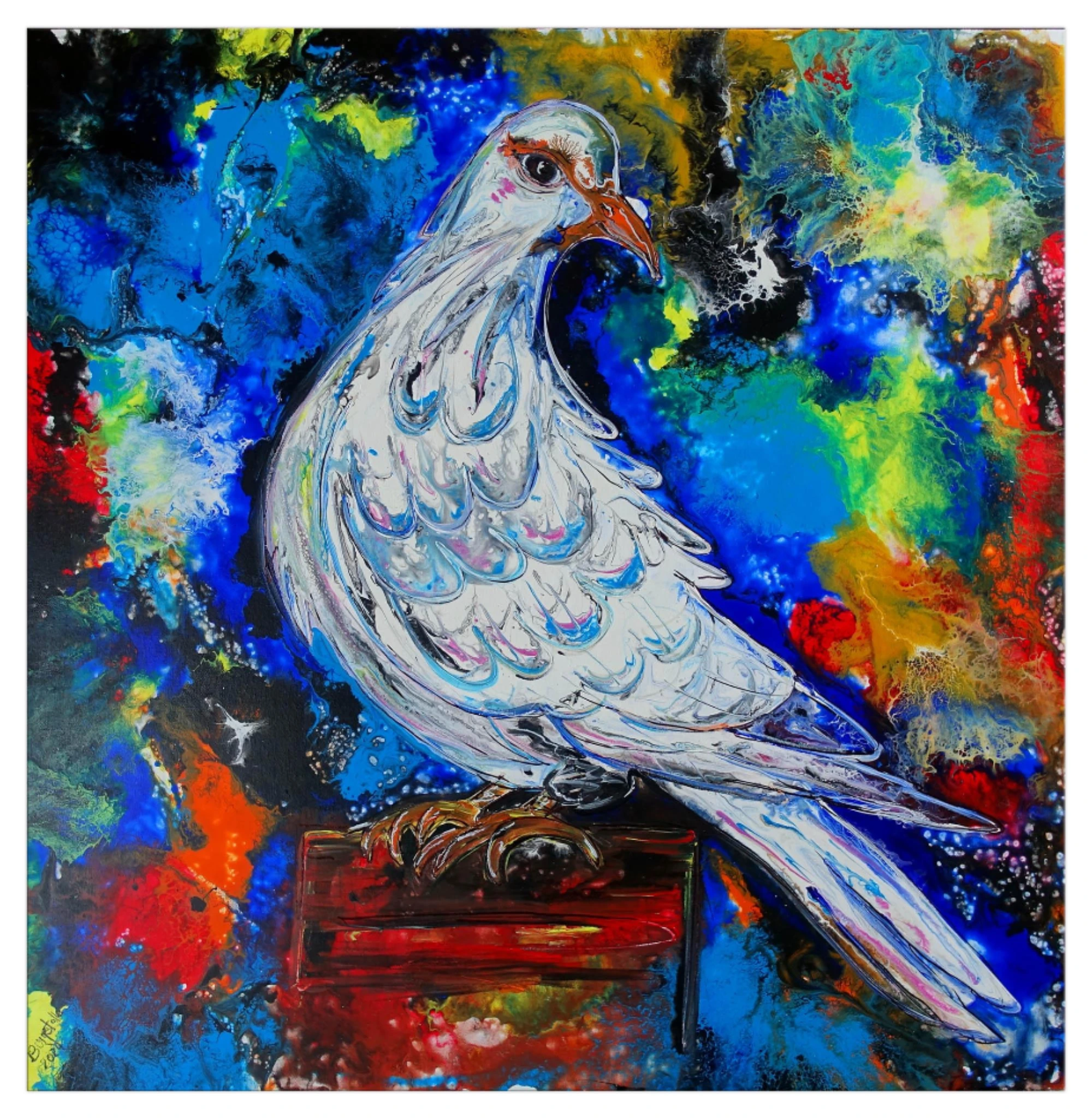 Friedenstaube gemalt Acryl Leinwand abstrakt blau bunt Gemälde 