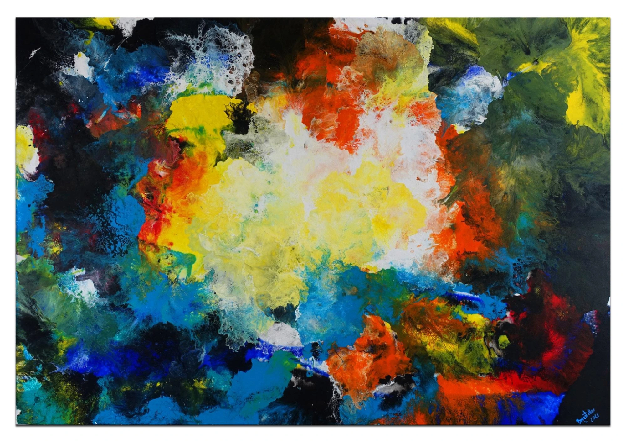 Galaktischer Nebel abstrakt gemalt Fluid Art Wandbild blau gelb bunt Original Gemälde Acryl Malerei