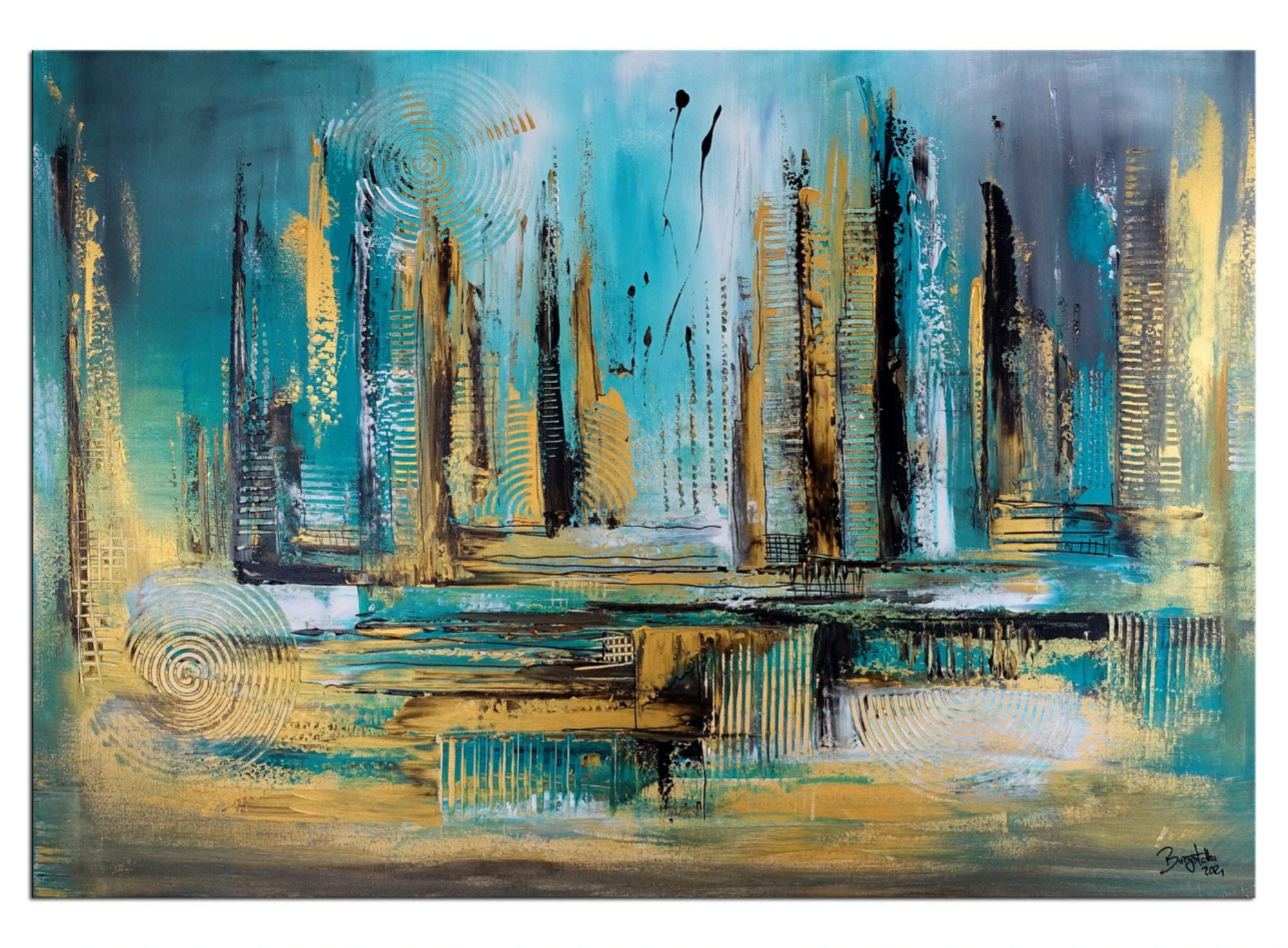 Goldmine abstrakte Wandkunst Wandbild petrol gold Moderne Malerei Kunstbild