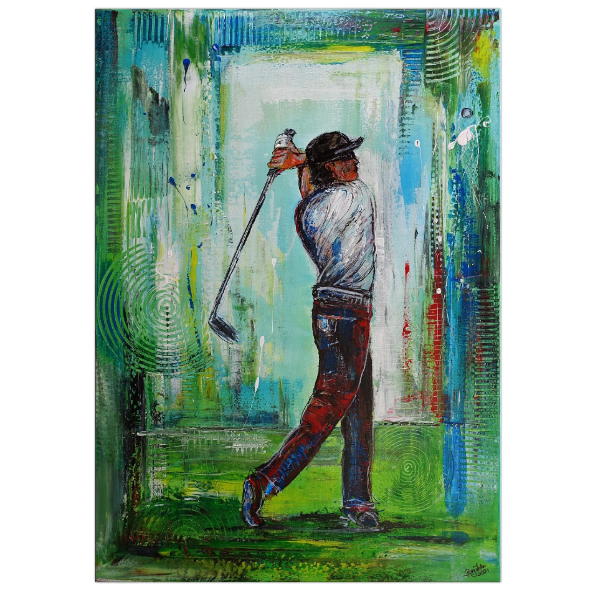Golfer Abschlag Golfbild Gemälde Golfplatz Malerei Wandbild Leinwandbild Original Unikat 