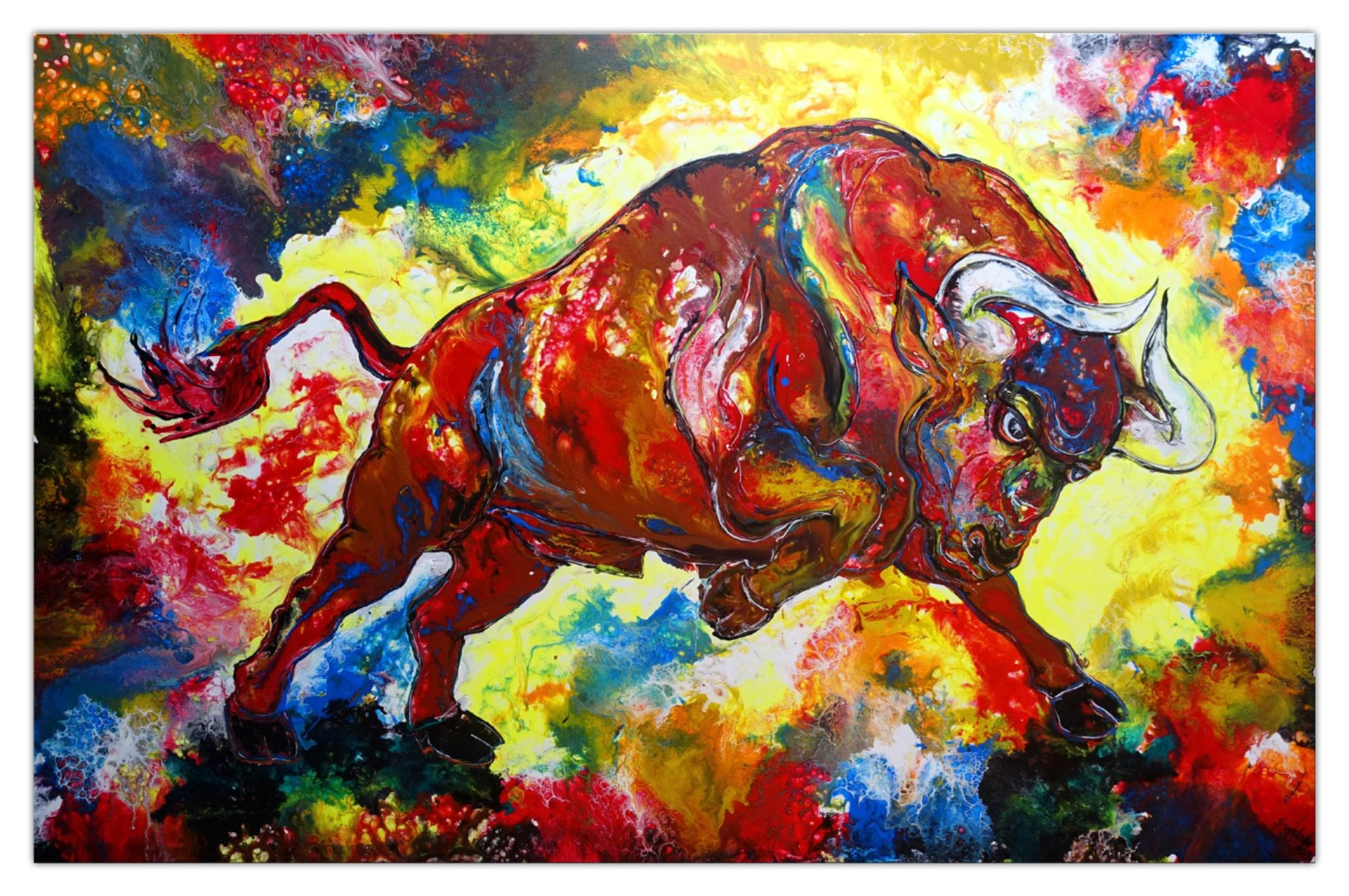 Gordito Stiergemälde Stierbild gemalt Acrylbild Stier bunt rot XXL 