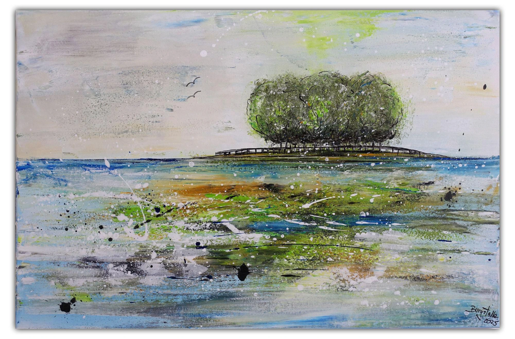 Insel 2 abstraktes Gemälde Landschaft See Baum moderne Malerei