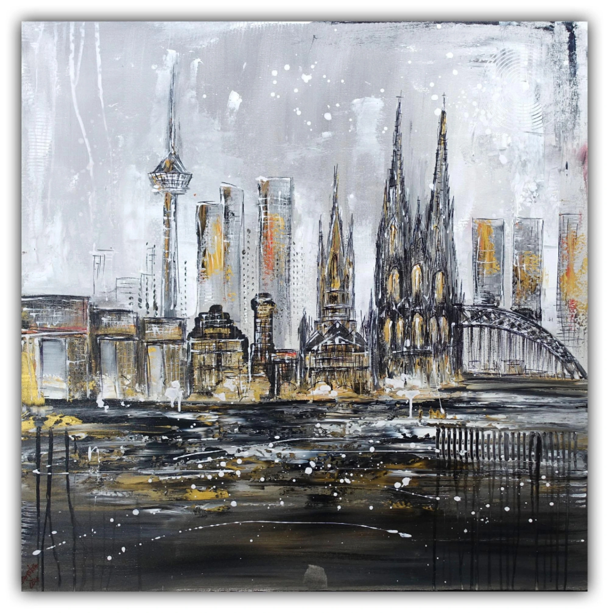 Kölner Dom Gemälde Skyline mit Kranhäuser abstraktes Bild Leinwand