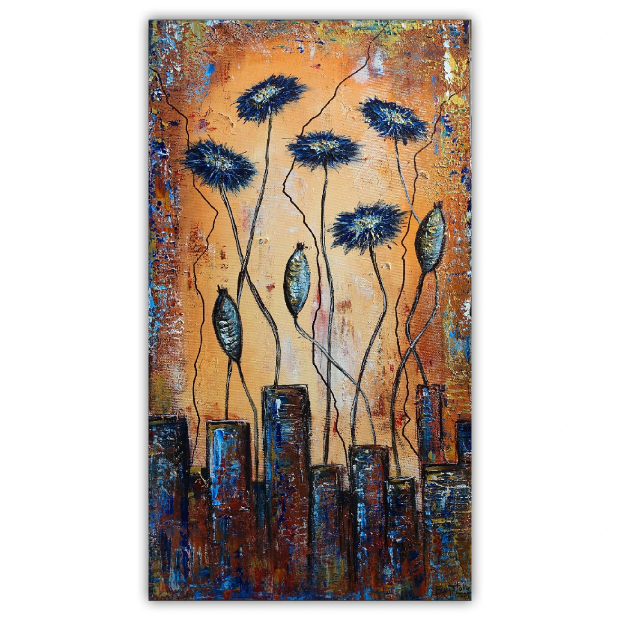 Kornblumen Gemälde abstraktes Blumenbild braun blau Struktur