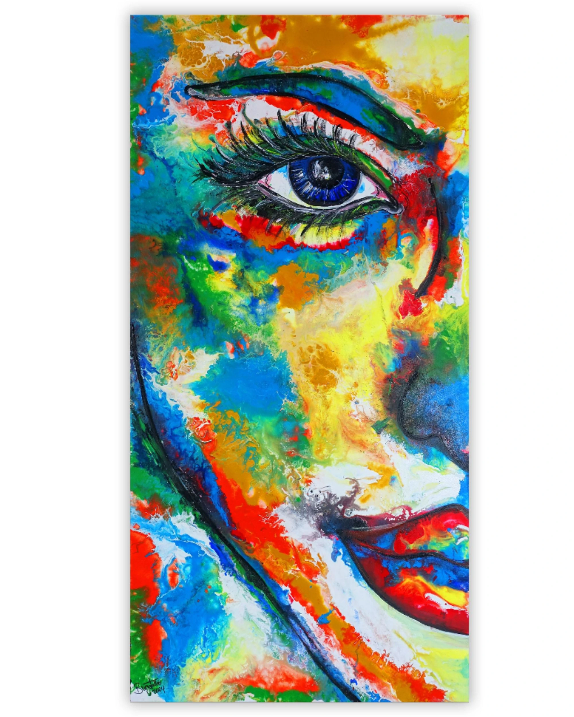 Laura Halbes Porträt Malerei Gesichtshälfte abstrakt gemalt Fluid Art Pouring Gemälde