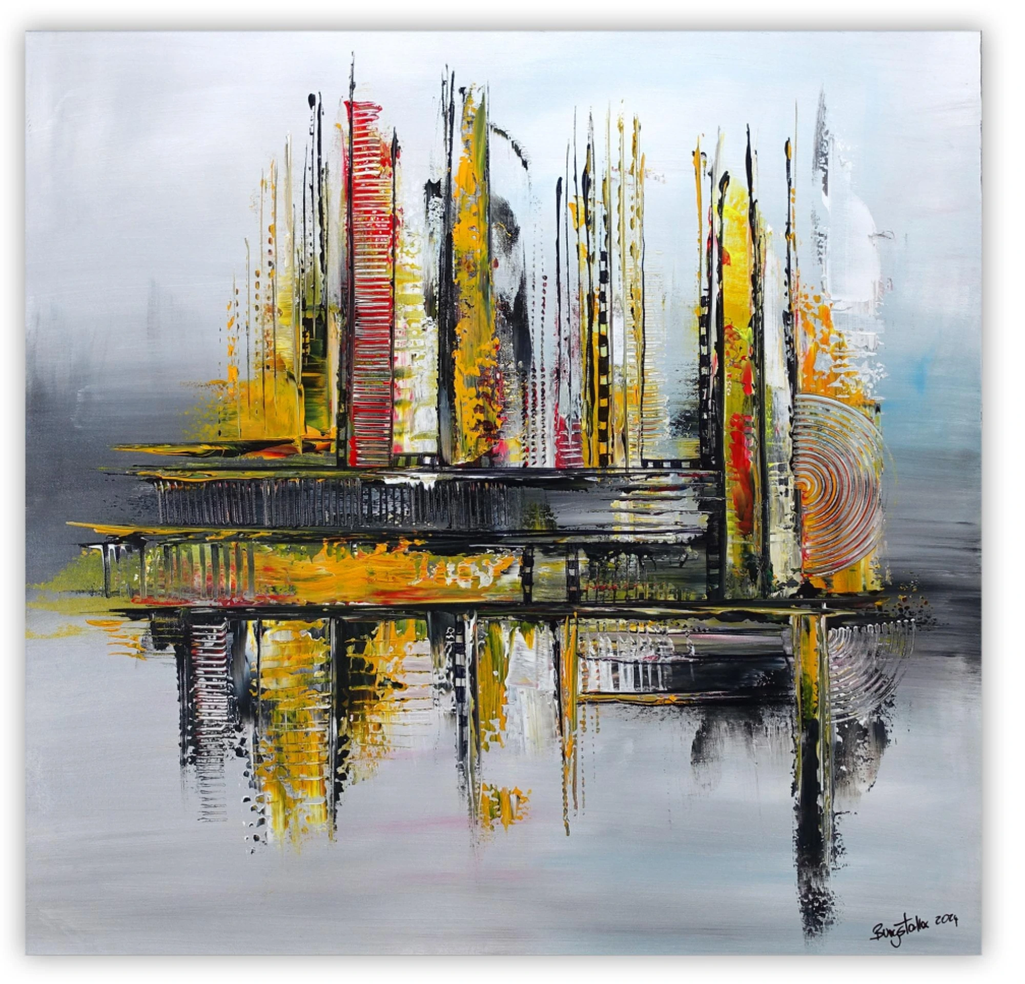 Leuchtende Stadt abstrakte Kunst gelb grau Künstlerbild Acryl Leinwand