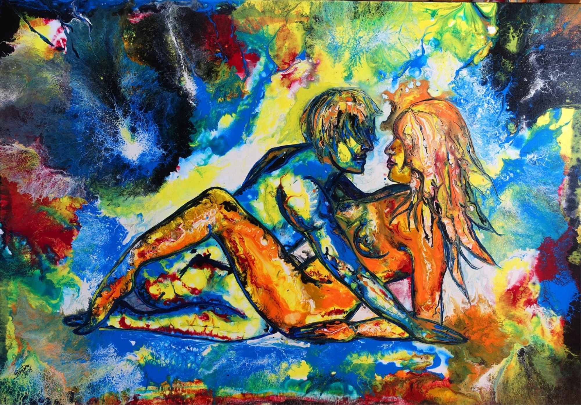 Liebespaar Malerei Erotik Bild handgemalt bunt Fluid Art 