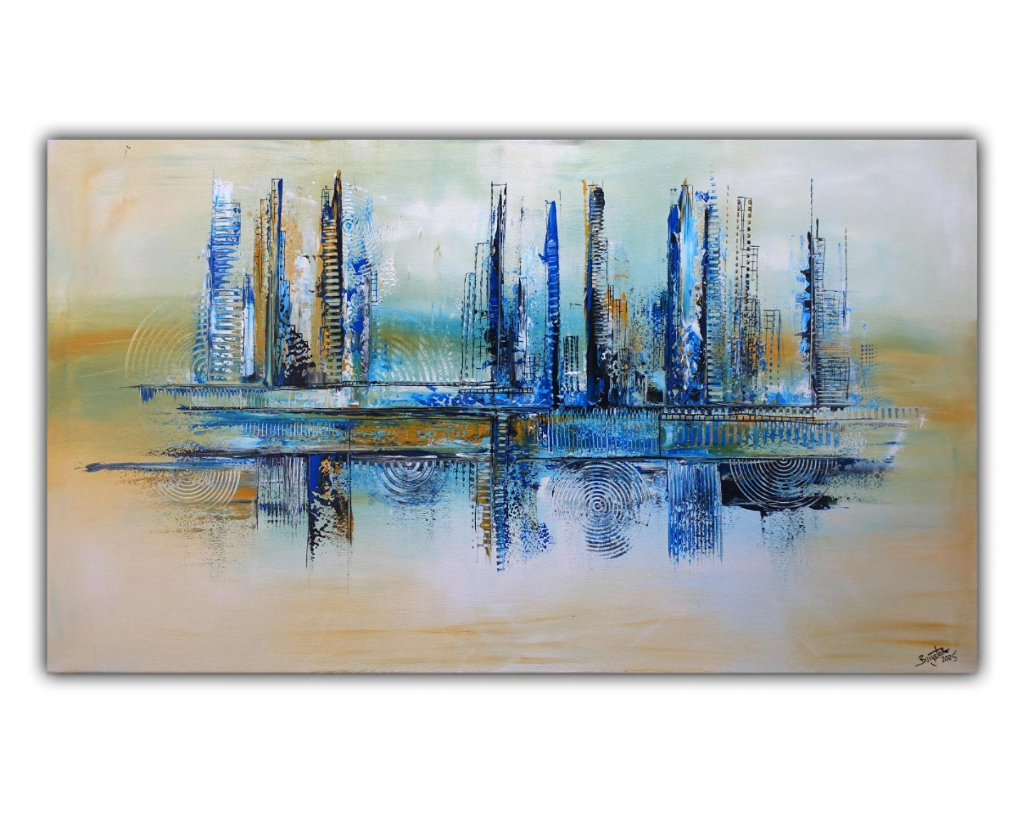Nordstadt - abstraktes Skyline Gemälde beige blau Leinwandbild Acrylgemälde modern 