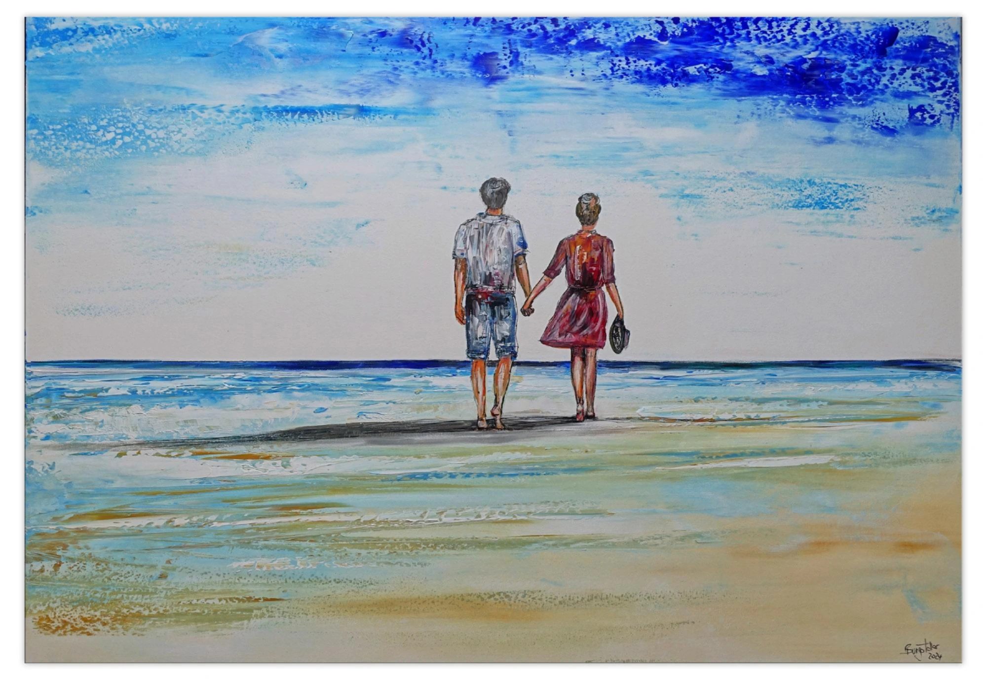 Otherside Mann Frau Strand Bild Meerbild handgemalt Wandbild maritim Gemälde Acryl 