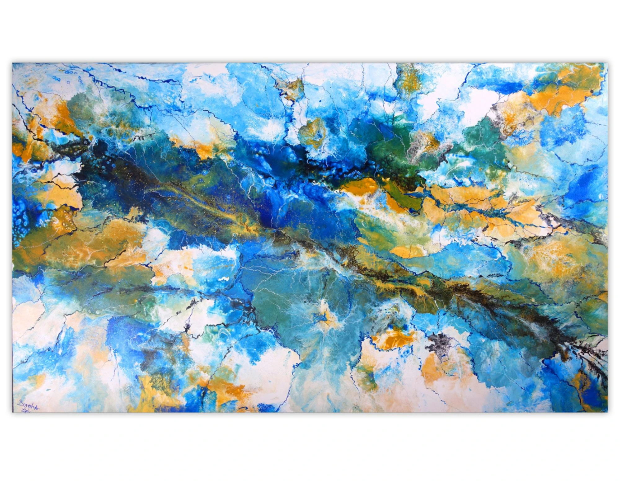 Rio Grande abstraktes Wandbild blau ocker Fluid Art Pouring Gemälde Acrylbild