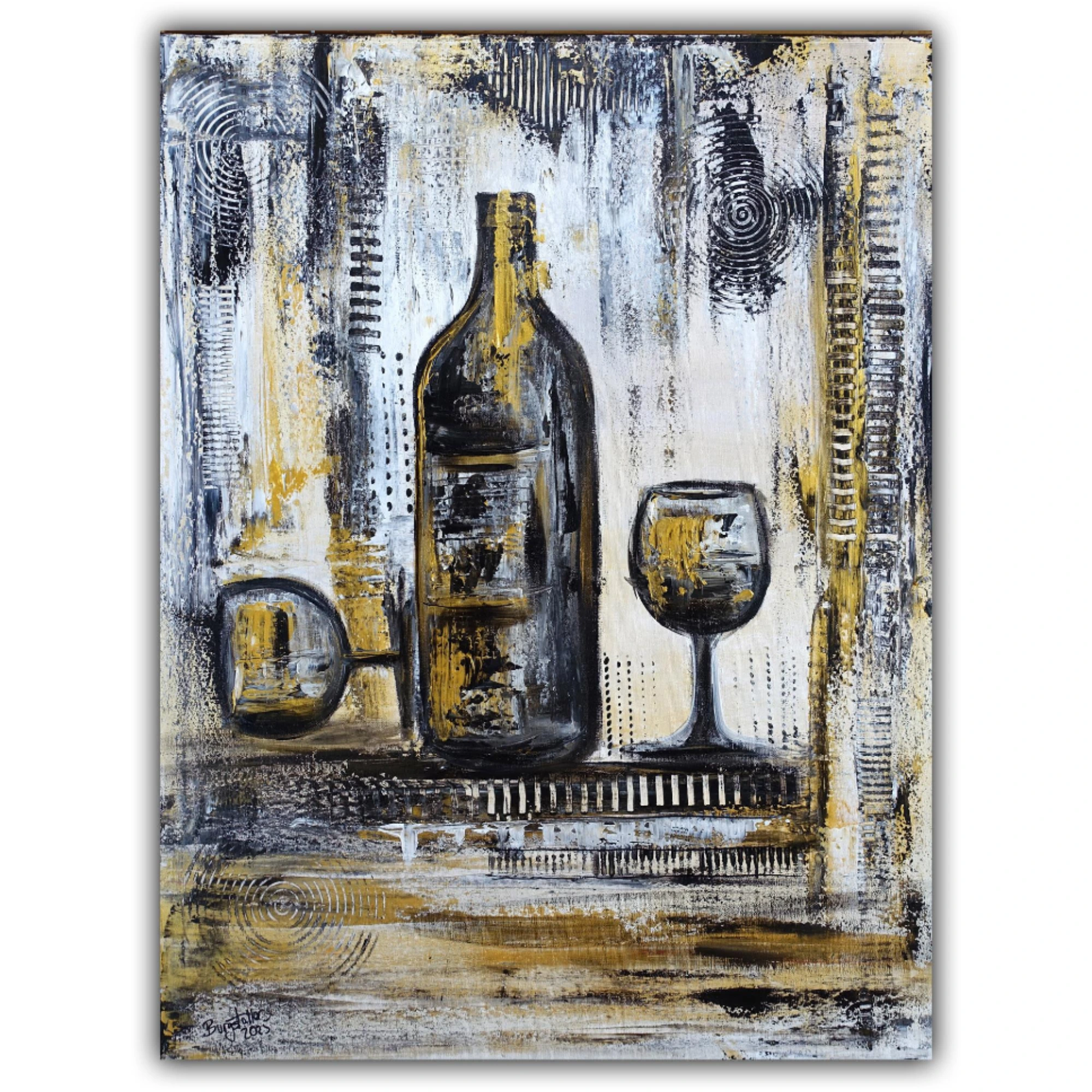 Salud Bild Weinflasche handgemalt Gemälde Weingläser abstrakt Küchenbild Restaurant Dekobild