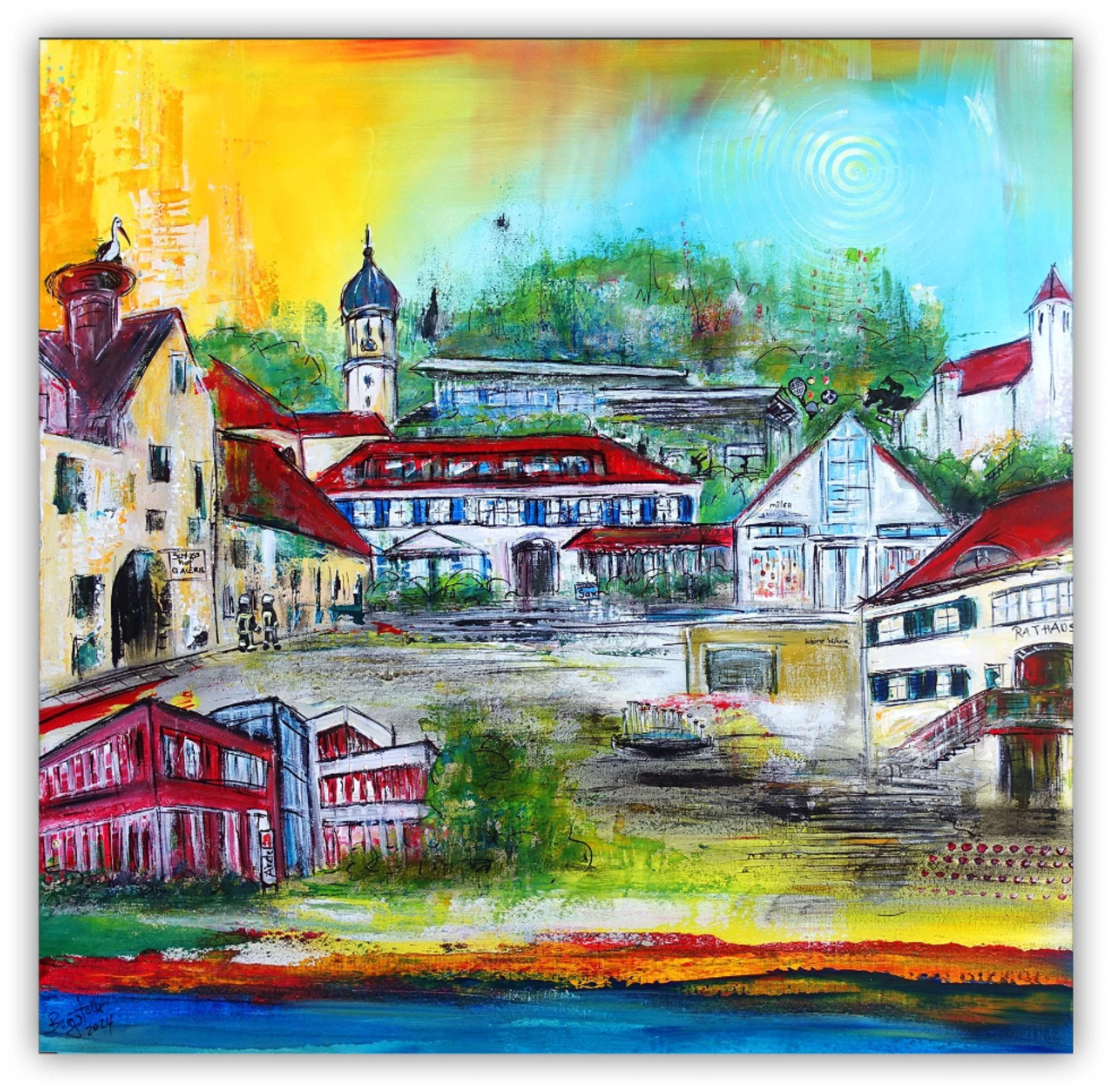 Schwendi abstraktes Dorfbild Schwendi Rathaus Kirche Schloss Sporthalle handgemaltes Acrylbild