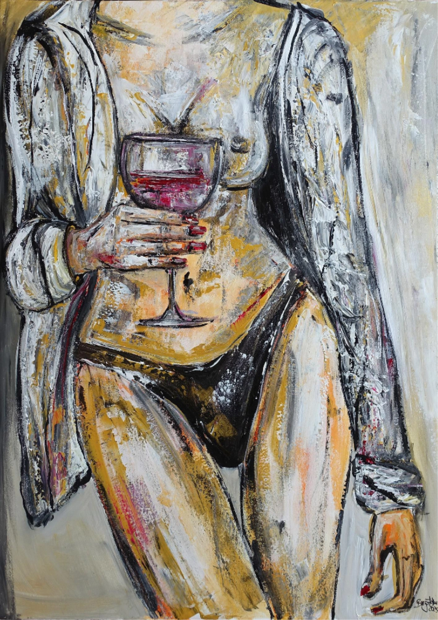 Wine Love Gemälde Frau Hemd Weinglas modern gemalt Acryl