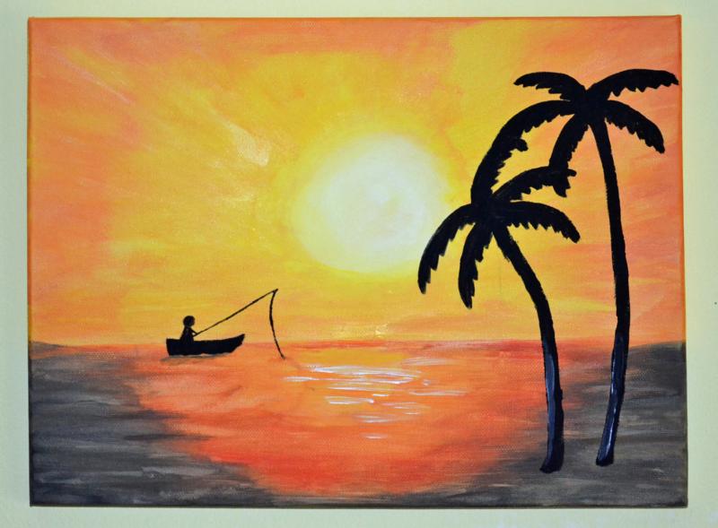 Sonnenuntergang Palmen mit Fischerboot
