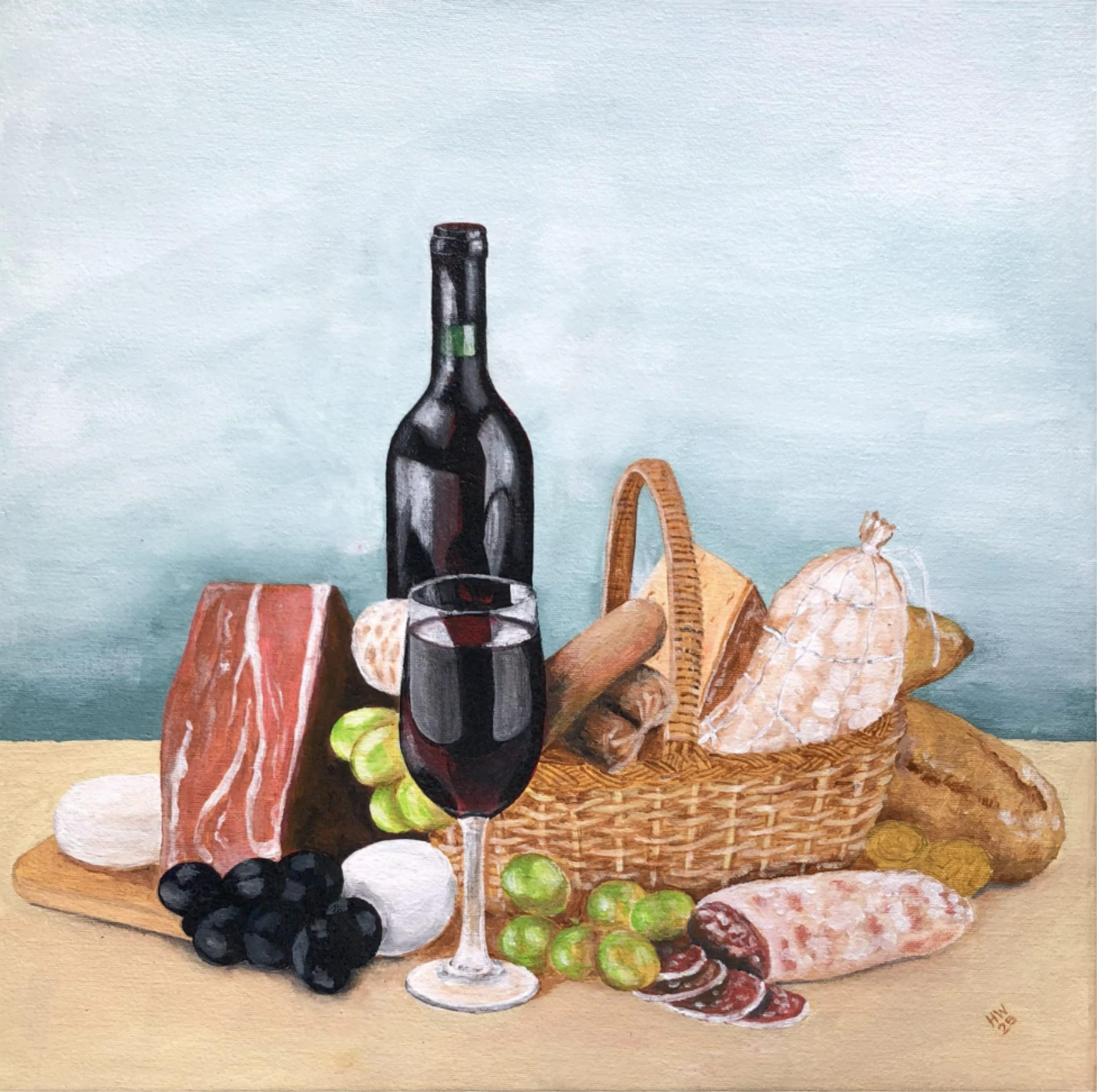 Wein mit Wurst und Brot