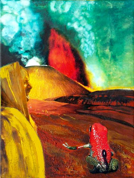 Red Frog in front of a Volcano
