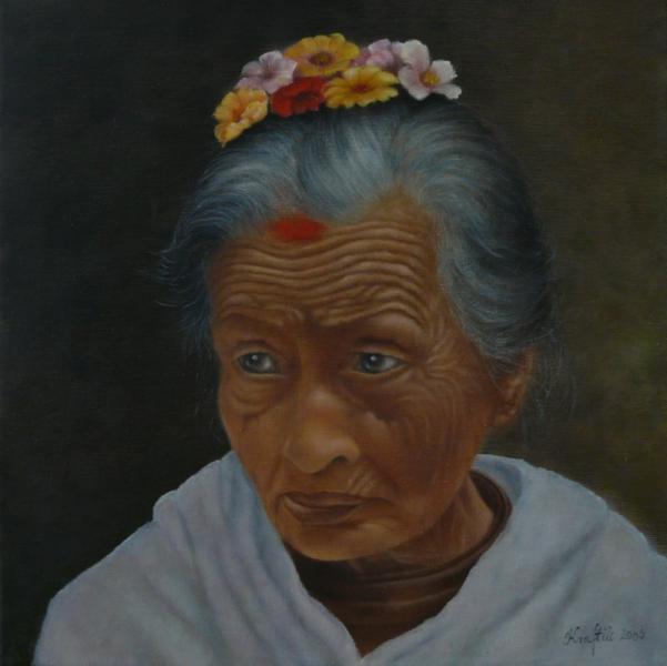 Dotted with flowers, Old Newari Woman
