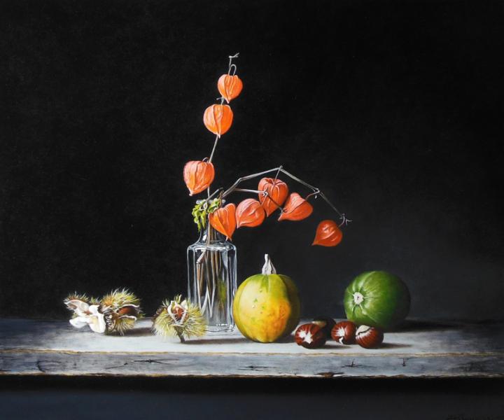 Still Life with lanterns chestnuts and decorative apples