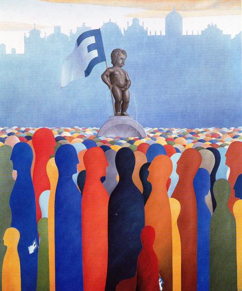 Perseverance, 1984, oil on canvas, 160 x 135 cm  - 
Early paraphrase of the European Union, here with Mannekin Pis monument in Brussels.