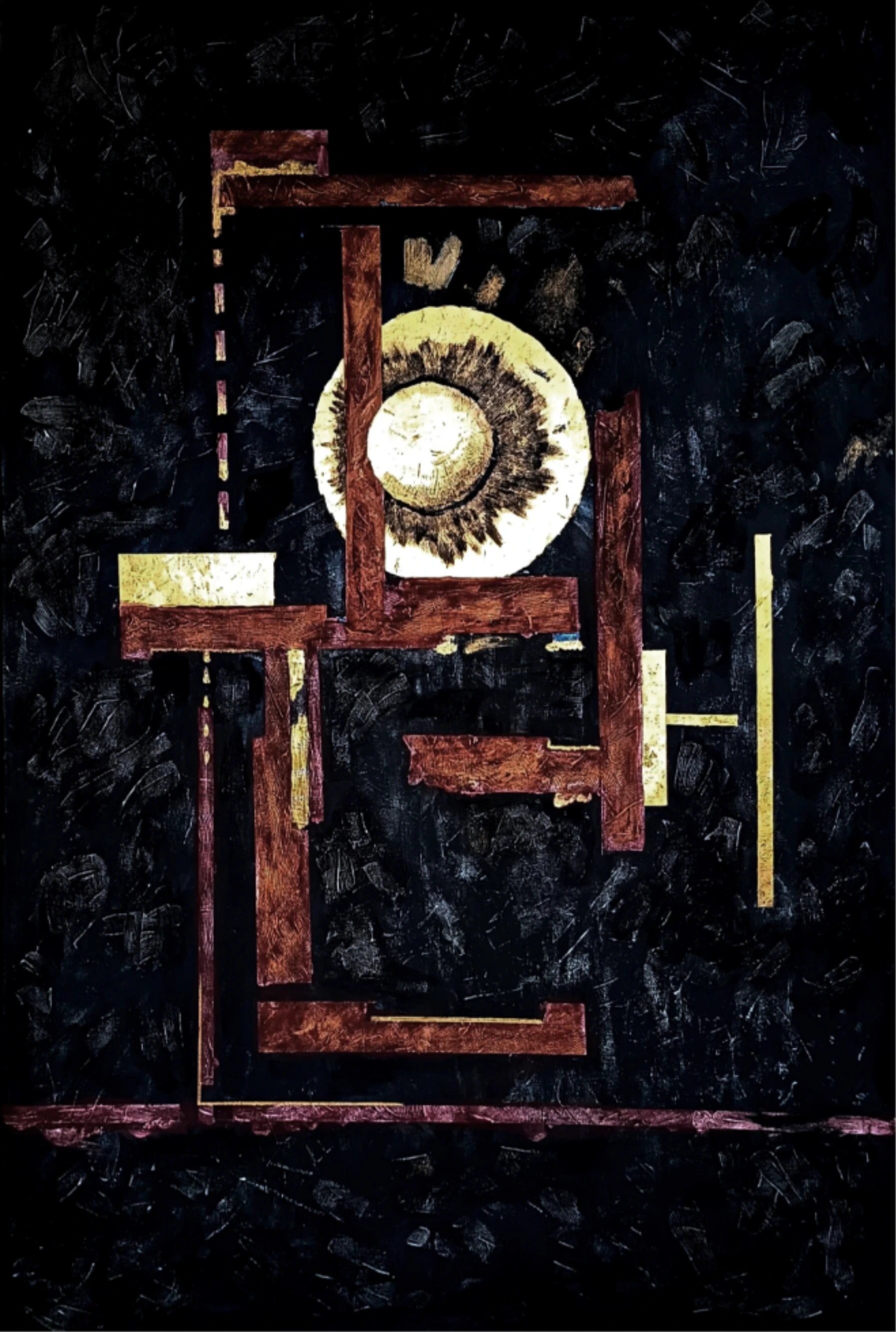 ​Abstrakt, Konstruktivismus, Acryl auf Leinwand, Mixed Media, Modern Art, Geometrische Abstraktion, Goldakzente, Kupfer, Schwarz, Textur, Spachteltechnik, Strukturbild, Architektonisch, Minimalismus, Zeitgenössische Kunst, Wandschmuck, Unikat, Kontrast, Materie, Kosmisch, Symbolismus, 120x80cm, Galeriekunst, Interior Design, Meditativ